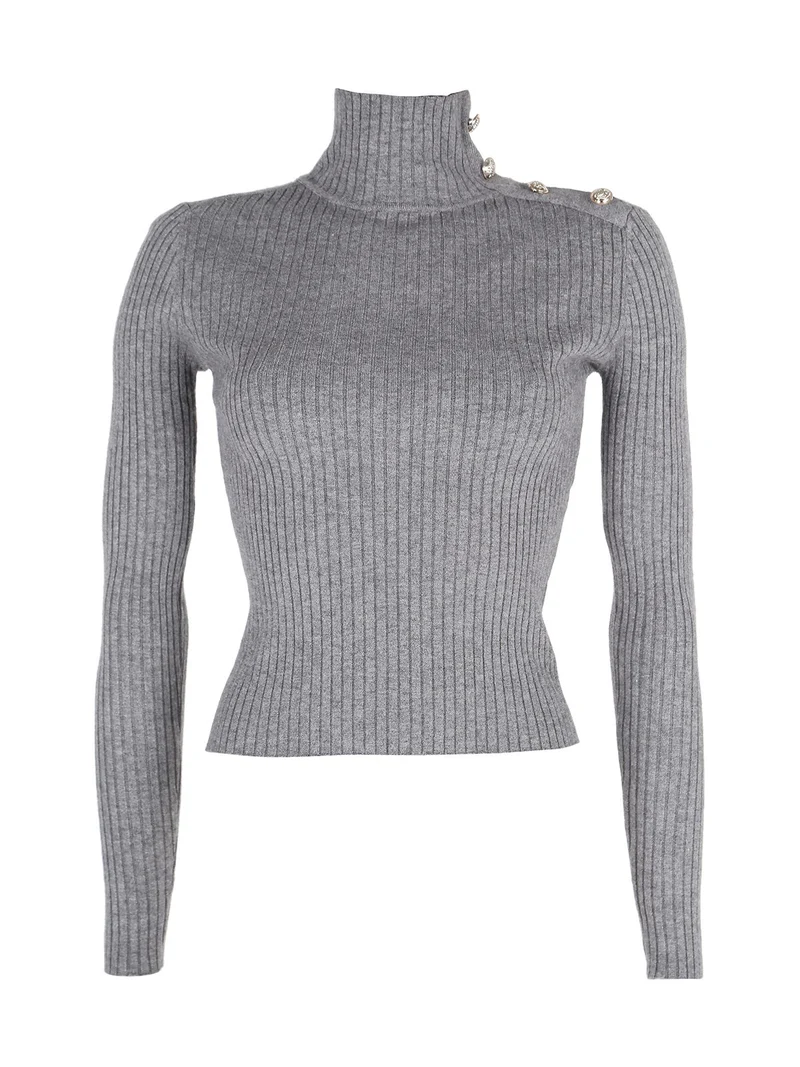 Pullover donna dolcevita in maglia con bottoni decorativi sulla spalla - grigio