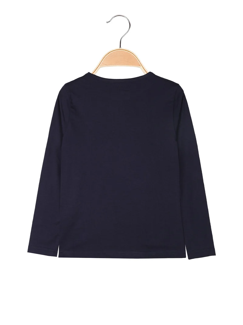 T-shirt girocollo da bambina a maniche lunghe con logo - blu scuro