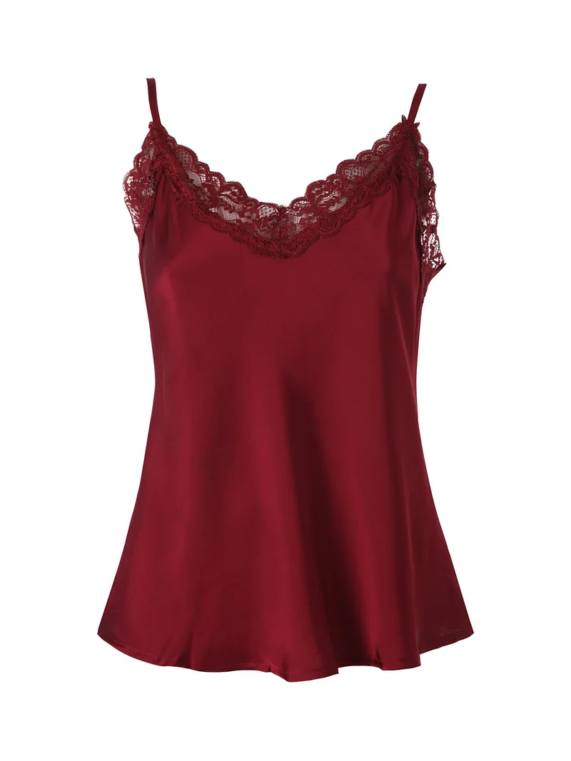 Top donna effetto raso con scollo in pizzo e spalline strette - bordeaux