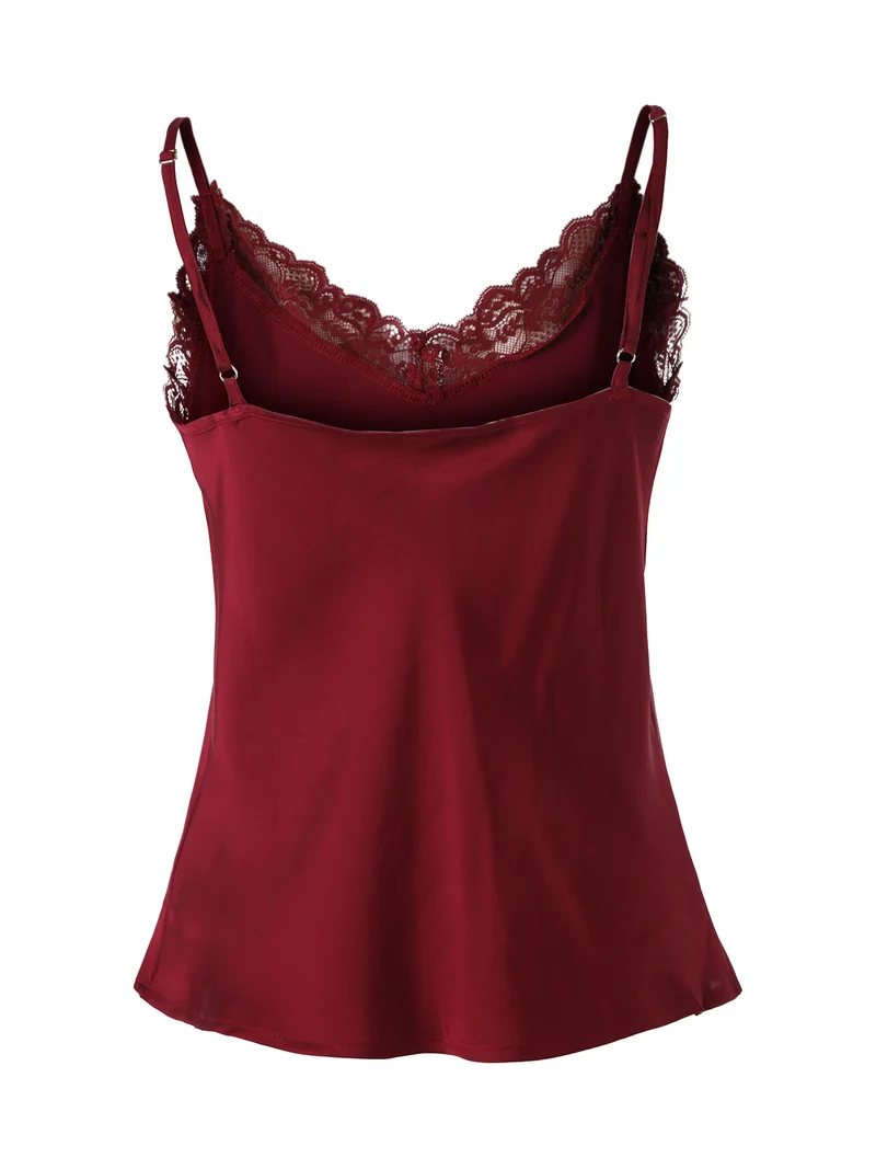 Top donna effetto raso con scollo in pizzo e spalline strette - bordeaux
