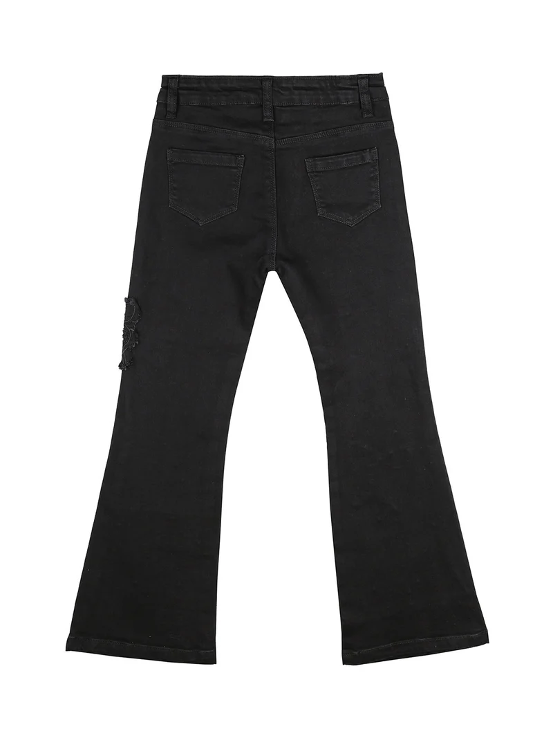 Jeans a zampa da bambina con strass - nero