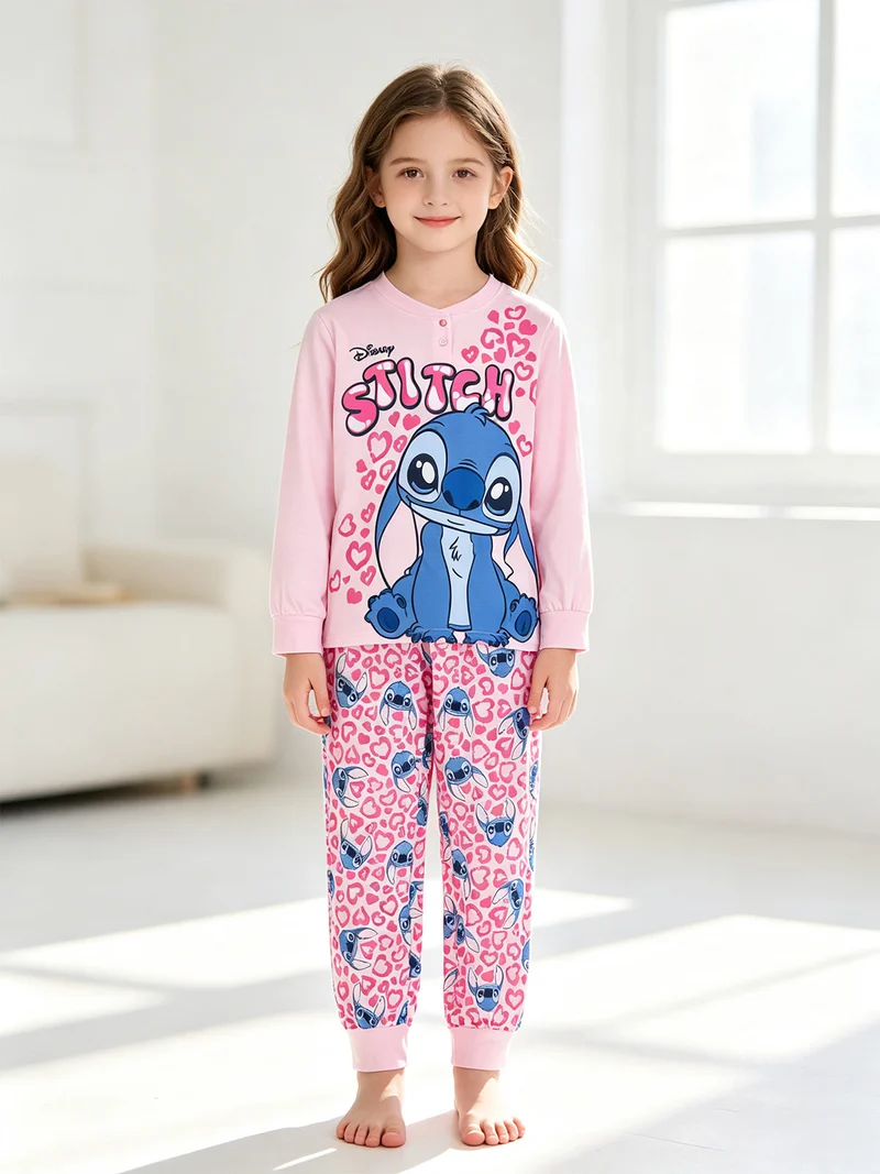 Stitch pigiama lungo da bambina in cotone con stampe - rosa