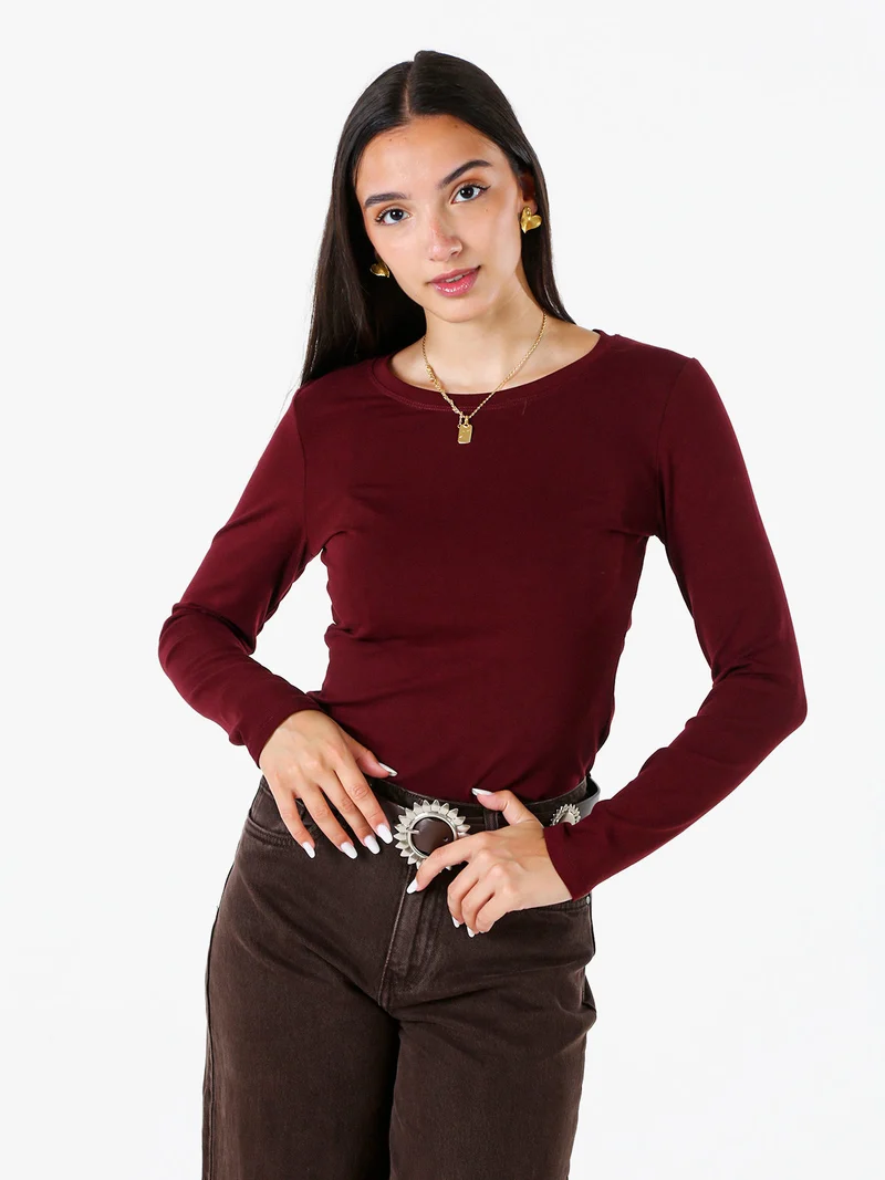 T-shirt donna a maniche lunghe con scollo tondo - bordeaux