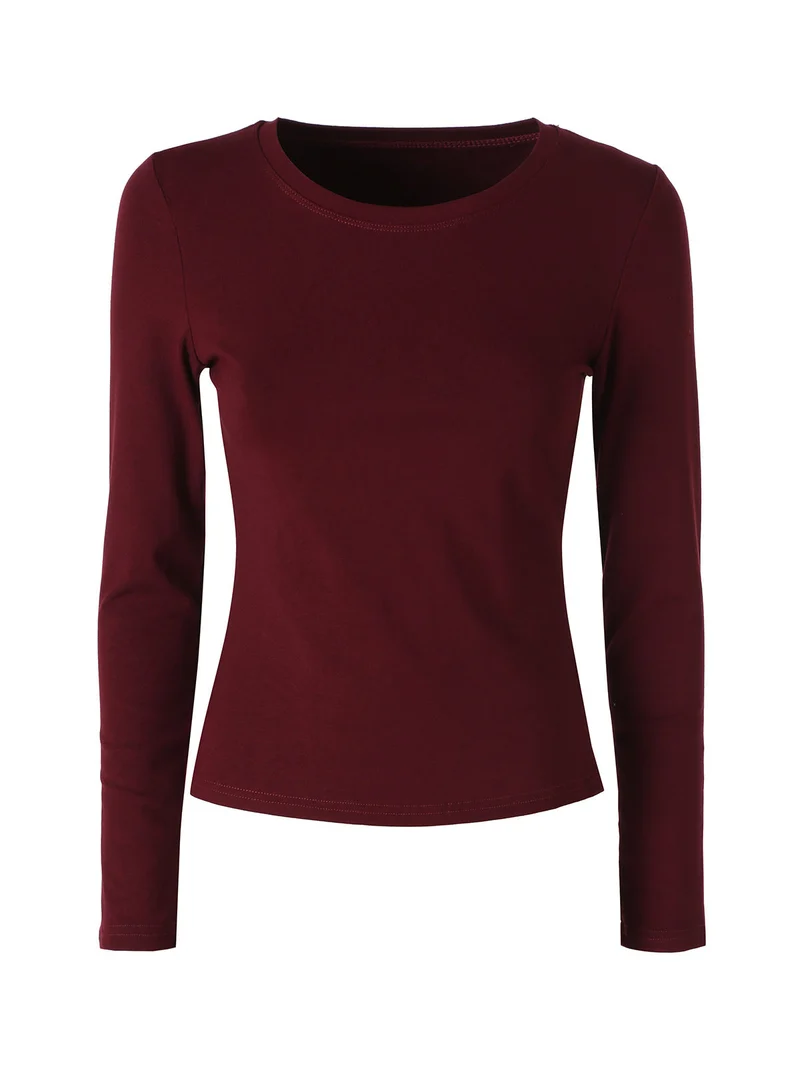 T-shirt donna a maniche lunghe con scollo tondo - bordeaux