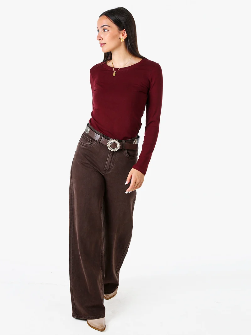 T-shirt donna a maniche lunghe con scollo tondo - bordeaux