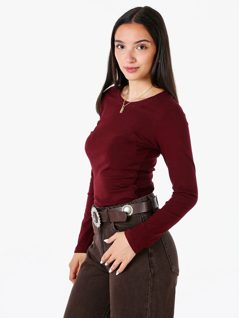 T-shirt donna a maniche lunghe con scollo tondo - bordeaux