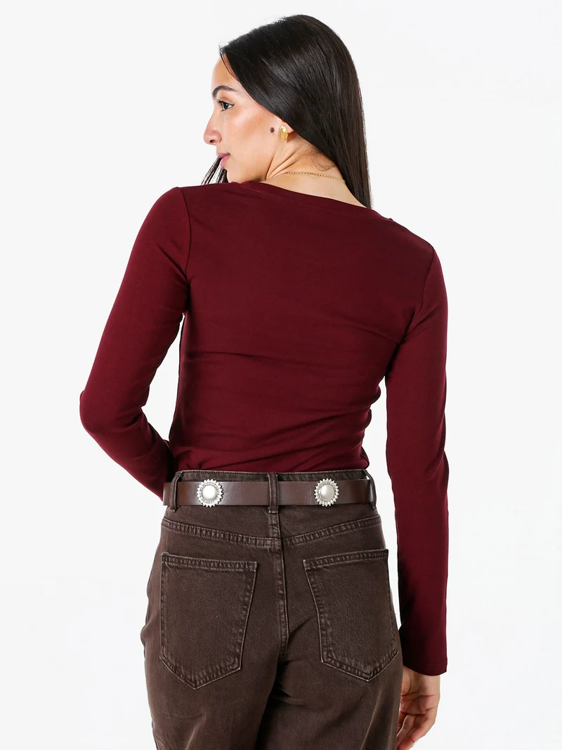 T-shirt donna a maniche lunghe con scollo tondo - bordeaux
