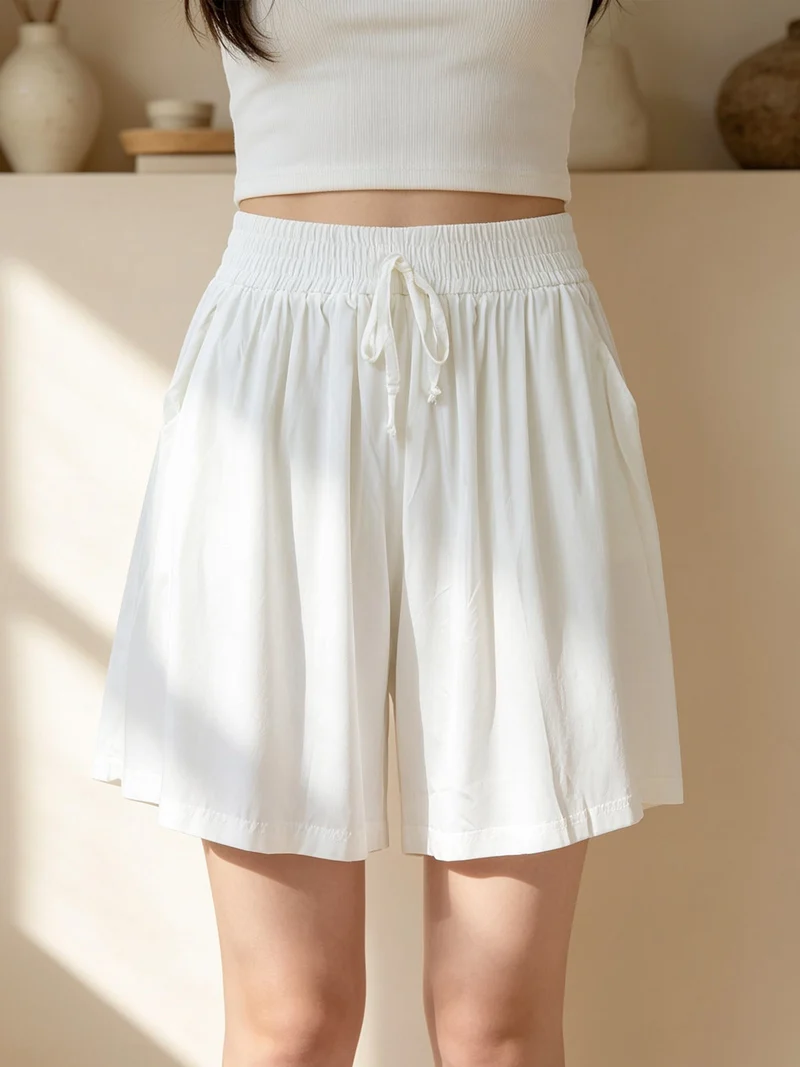Shorts donna in cotone a gamba larga - bianco