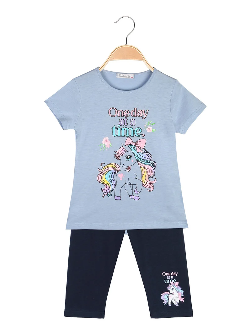 Completo da bambina con t-shirt unicorno e leggings a 3/4 - azzurro
