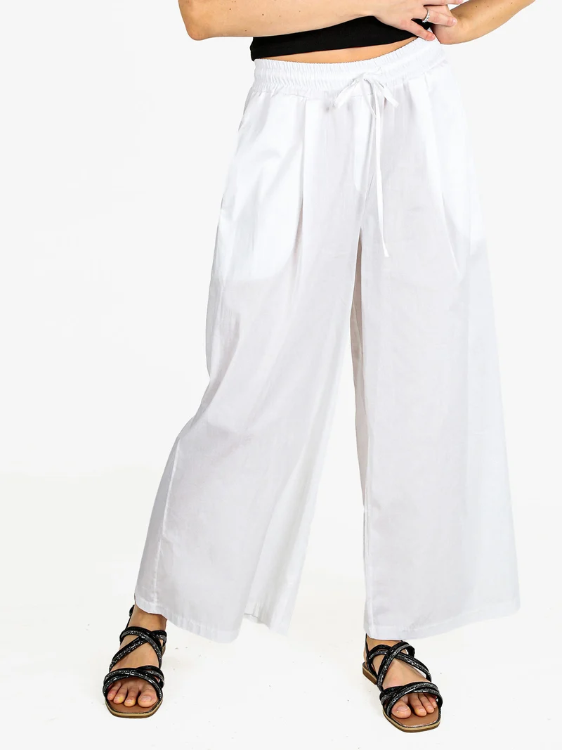 Pantaloni donna a gamba larga in cotone - bianco