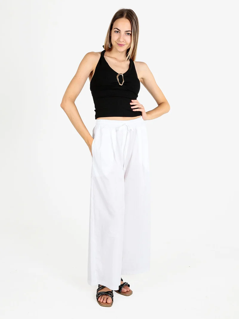Pantaloni donna a gamba larga in cotone - bianco