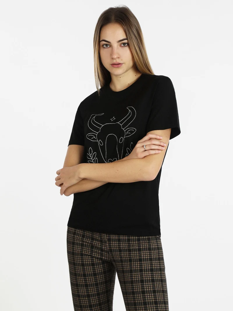 T-shirt manica corta donna segno zodiacale Toro - nero
