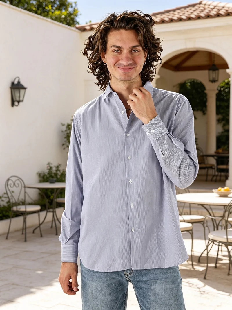 Camicia da uomo in cotone regular fit con stampa a righe strette e maniche lunghe - blu
