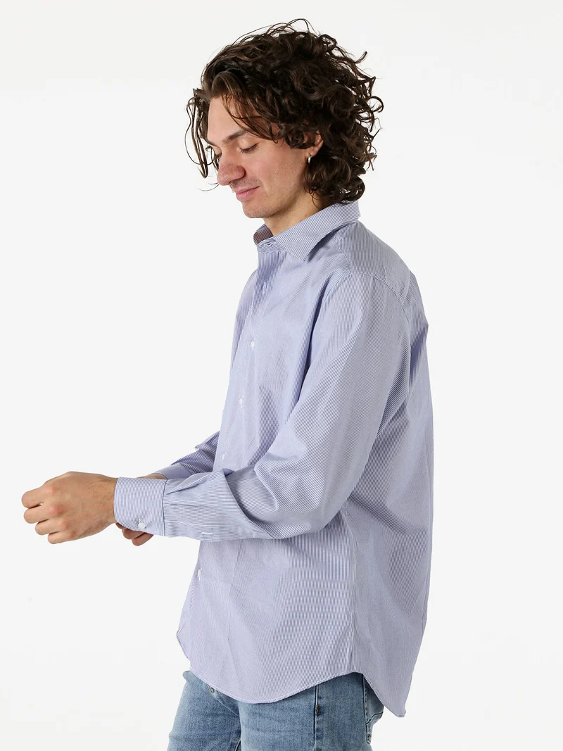 Camicia da uomo in cotone regular fit con stampa a righe strette e maniche lunghe - blu