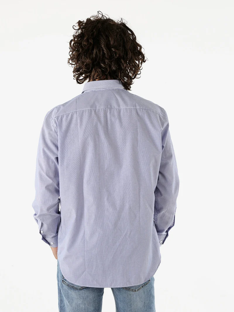 Camicia da uomo in cotone regular fit con stampa a righe strette e maniche lunghe - blu
