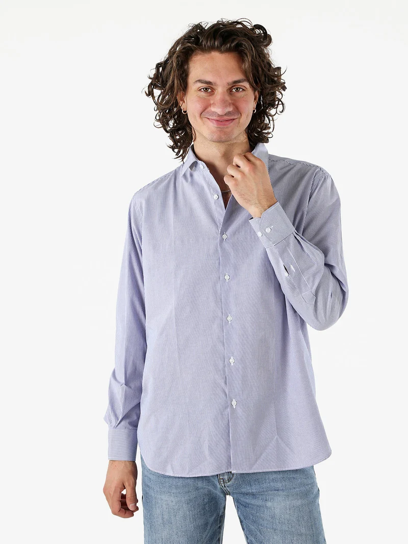 Camicia da uomo in cotone regular fit con stampa a righe strette e maniche lunghe - blu