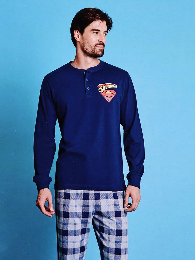 Pigiama lungo da uomo in cotone con pantaloni a quadri - blu