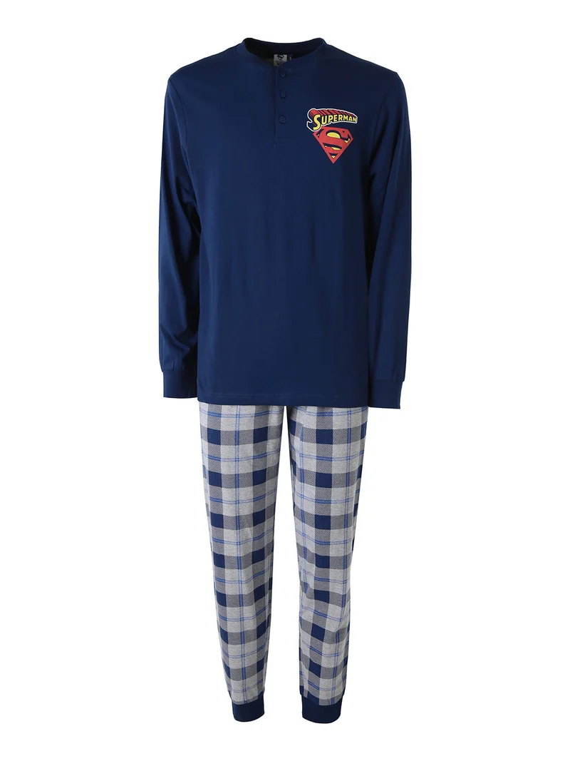 Pigiama lungo da uomo in cotone con pantaloni a quadri - blu