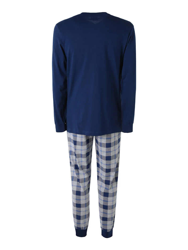 Pigiama lungo da uomo in cotone con pantaloni a quadri - blu