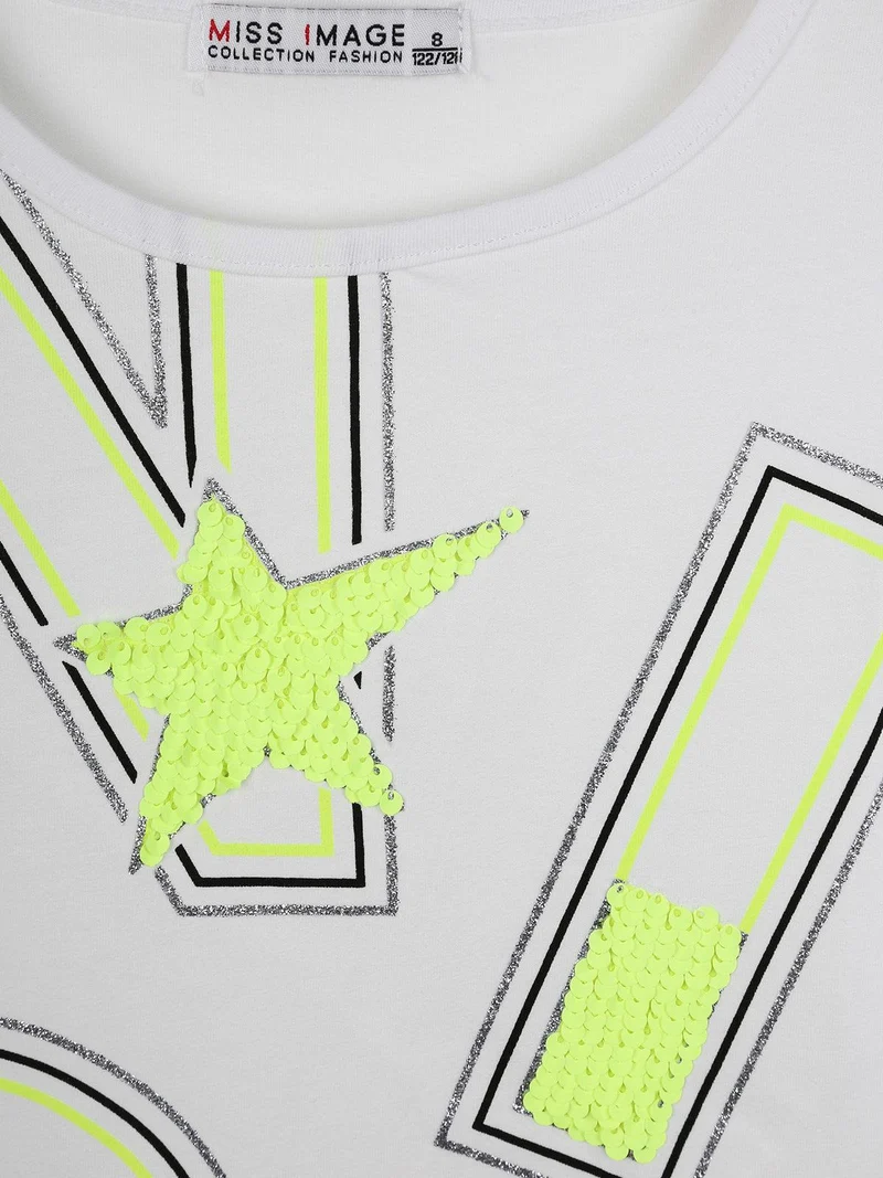 T-shirt con scritte e paillettes - giallo
