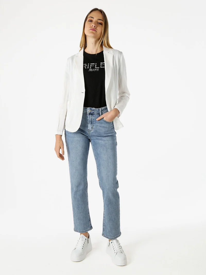 Blazer donna in misto lino con bottone - bianco
