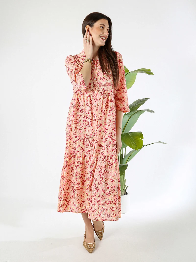 Abito lungo da donna a camicia in cotone con maniche a 3/4 - rosa