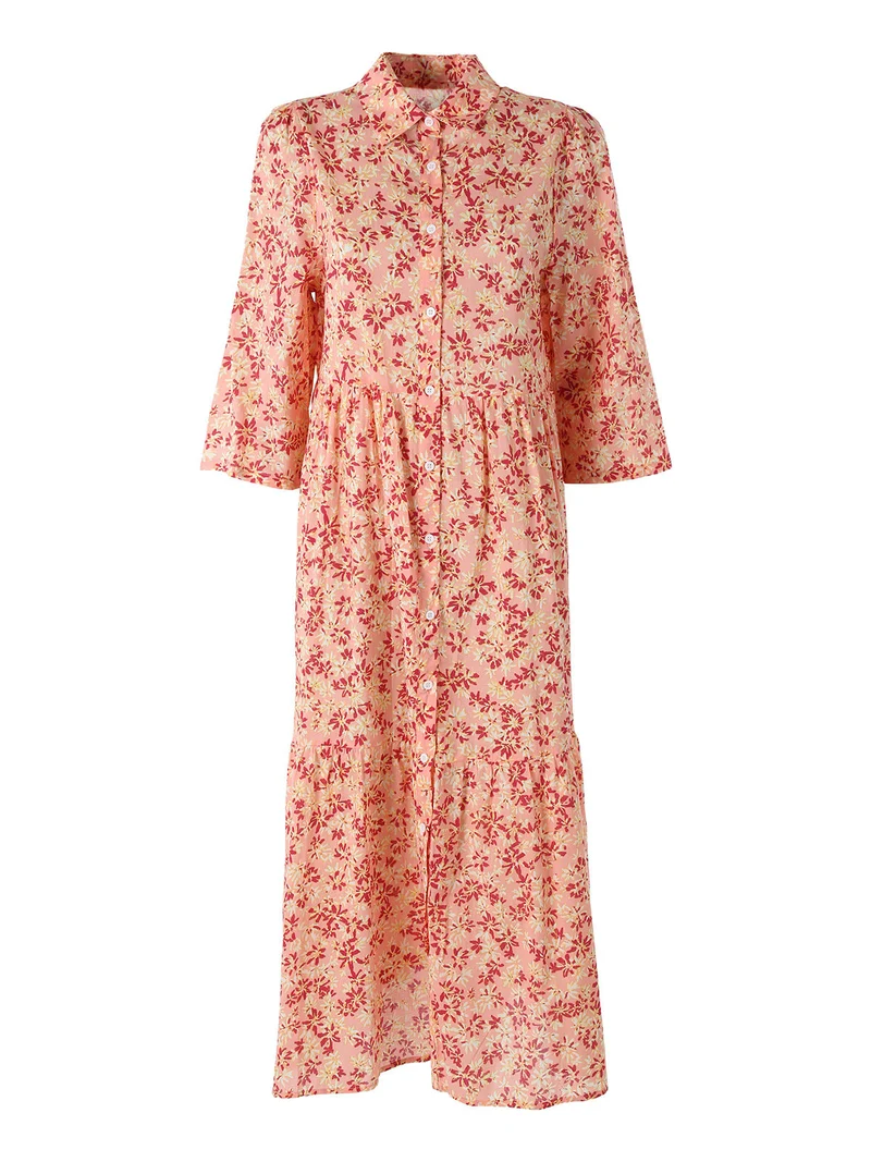 Abito lungo da donna a camicia in cotone con maniche a 3/4 - rosa
