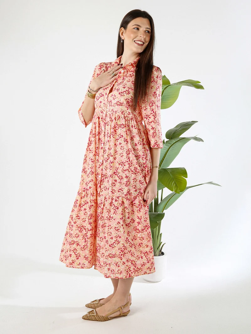 Abito lungo da donna a camicia in cotone con maniche a 3/4 - rosa