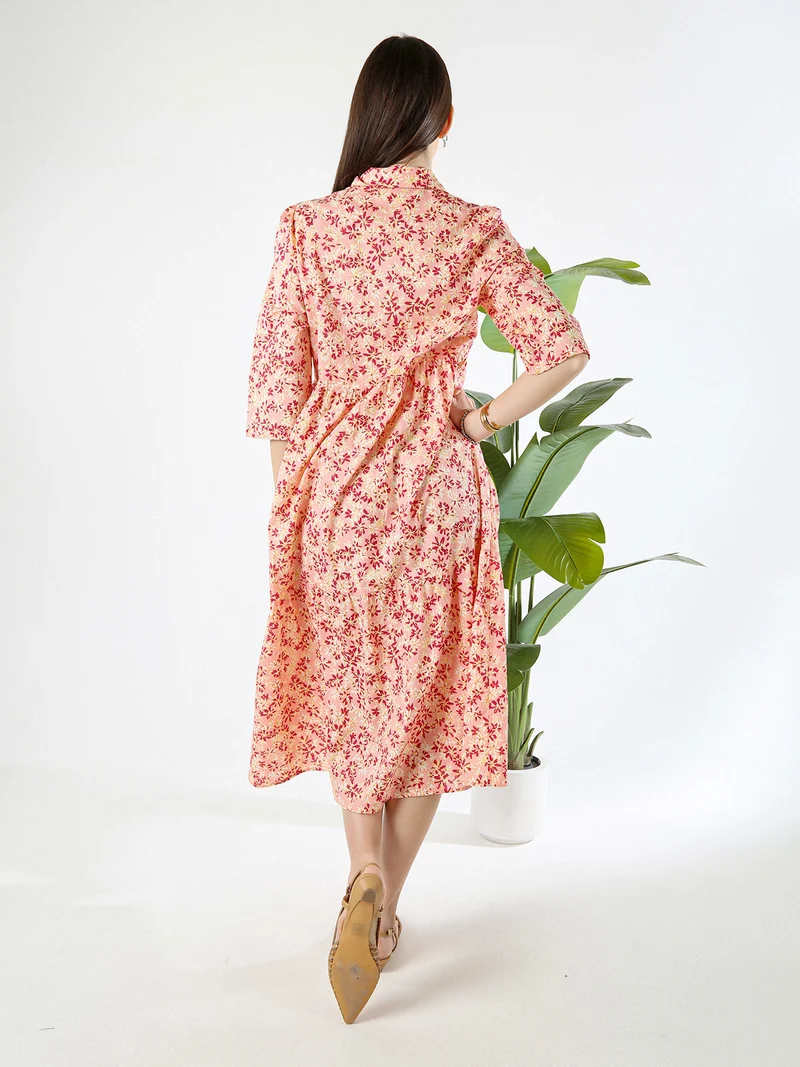 Abito lungo da donna a camicia in cotone con maniche a 3/4 - rosa