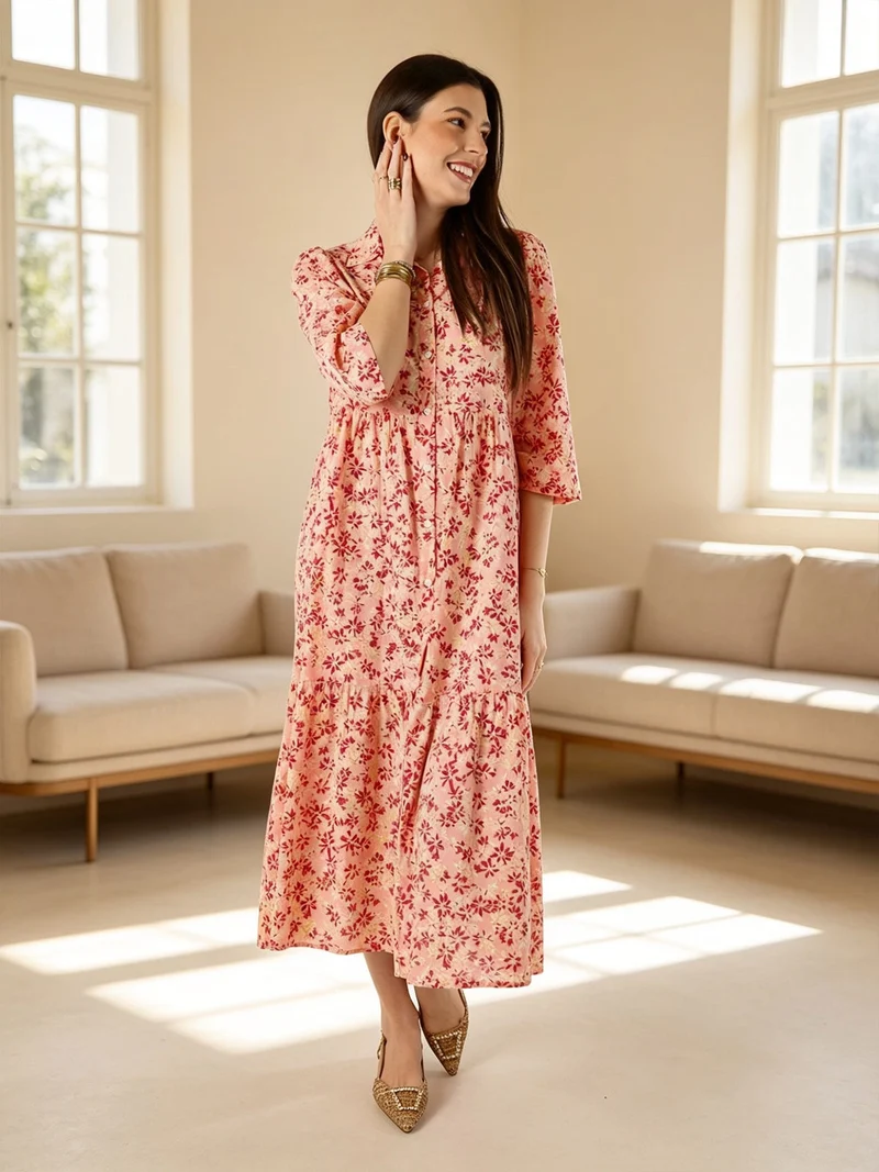 Abito lungo da donna a camicia in cotone con maniche a 3/4 - rosa