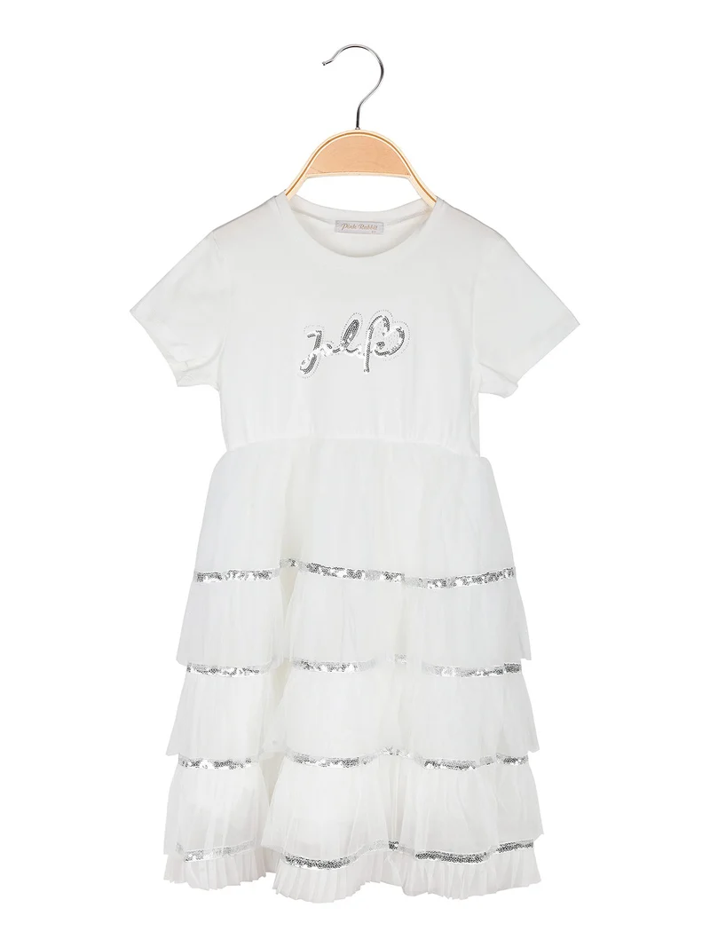 Abito da bambina a maniche corte con gonna in tulle e paillettes - bianco