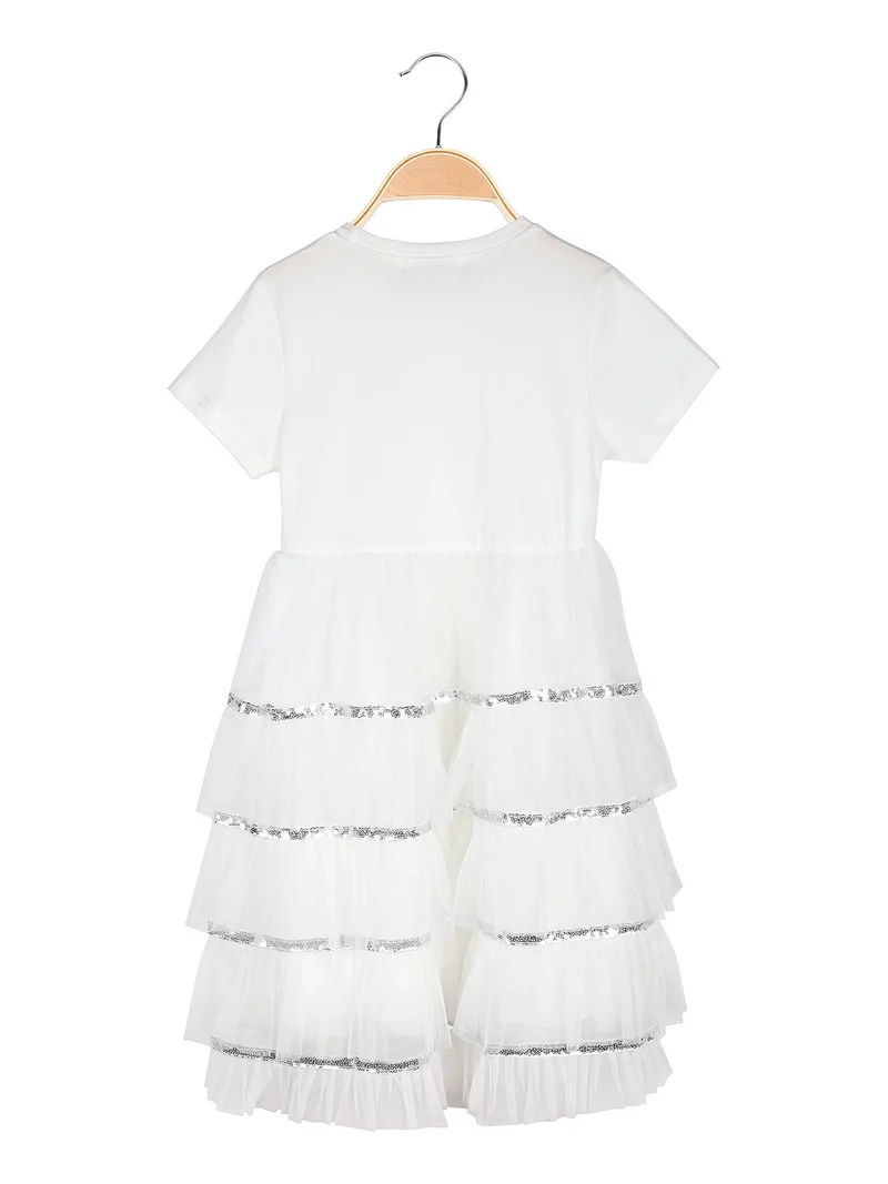 Abito da bambina a maniche corte con gonna in tulle e paillettes - bianco