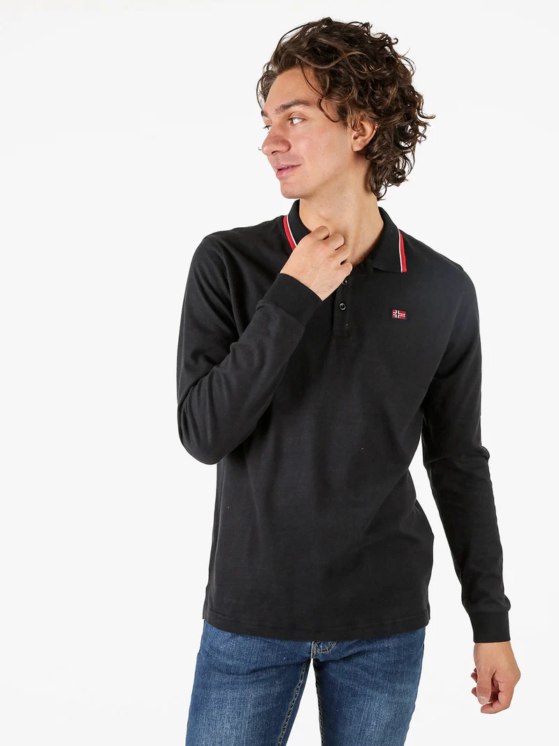 Polo da uomo a maniche lunghe in cotone - nero