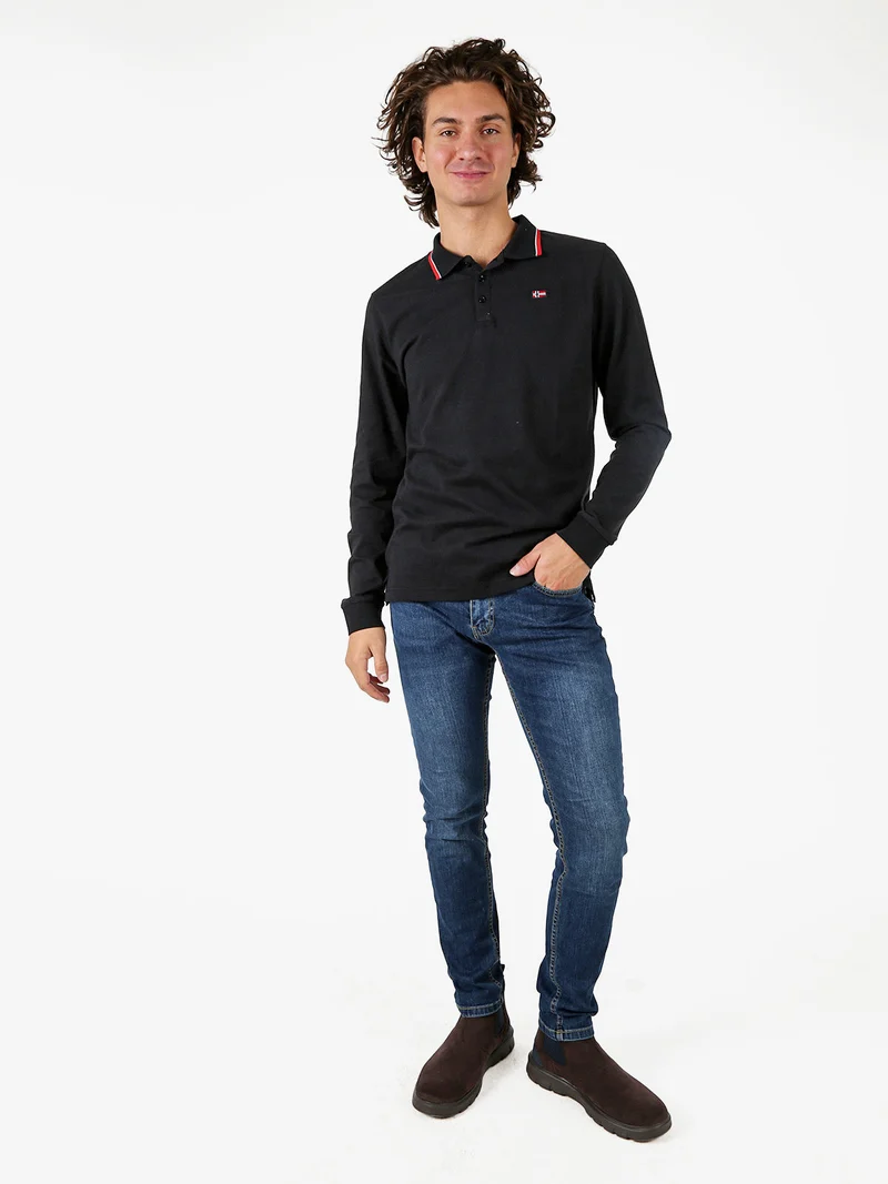 Polo da uomo a maniche lunghe in cotone - nero