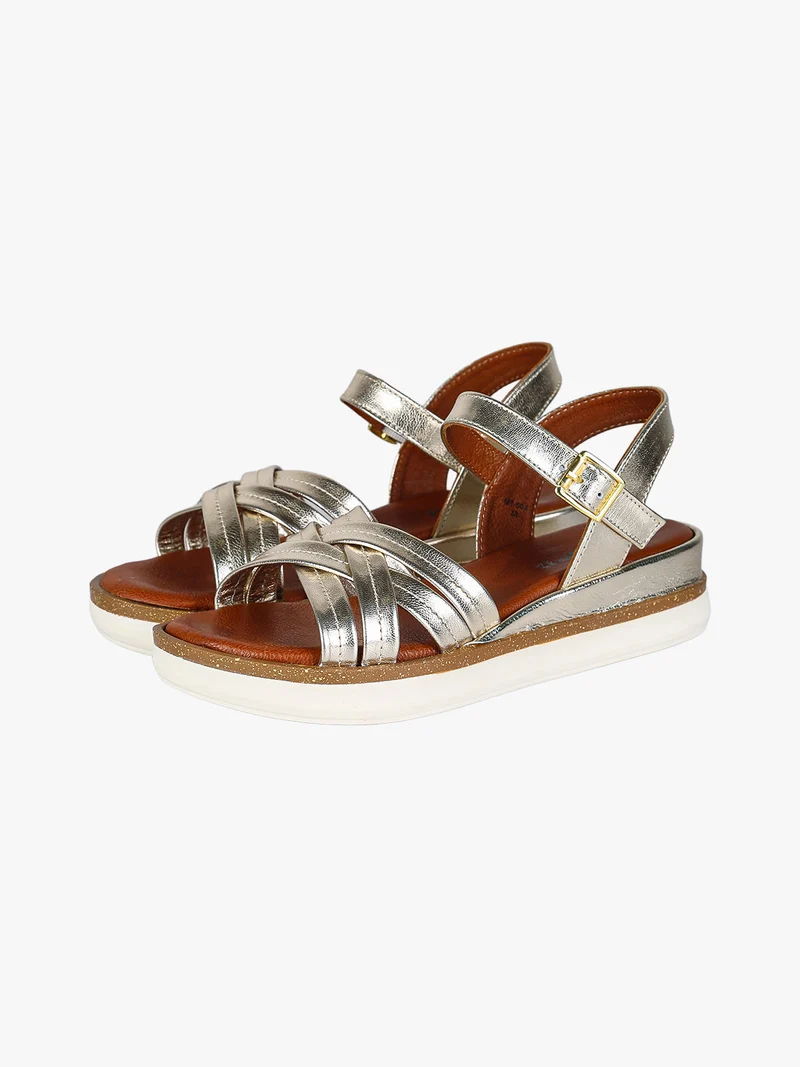 Sandali in pelle da donna con zeppa e cinturino con fibbia - oro