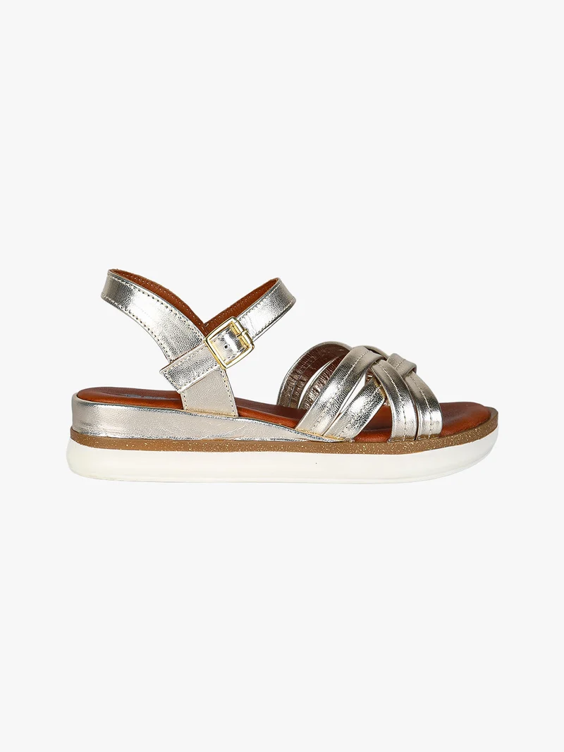 Sandali in pelle da donna con zeppa e cinturino con fibbia - oro