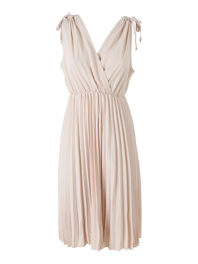 Abito donna a spalla larga con gonna plissettata - beige
