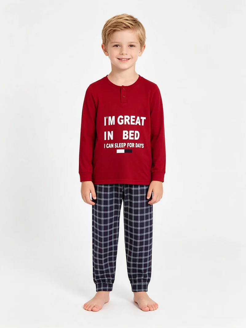 Pigiama lungo bambino con pantaloni a quadri - rosso
