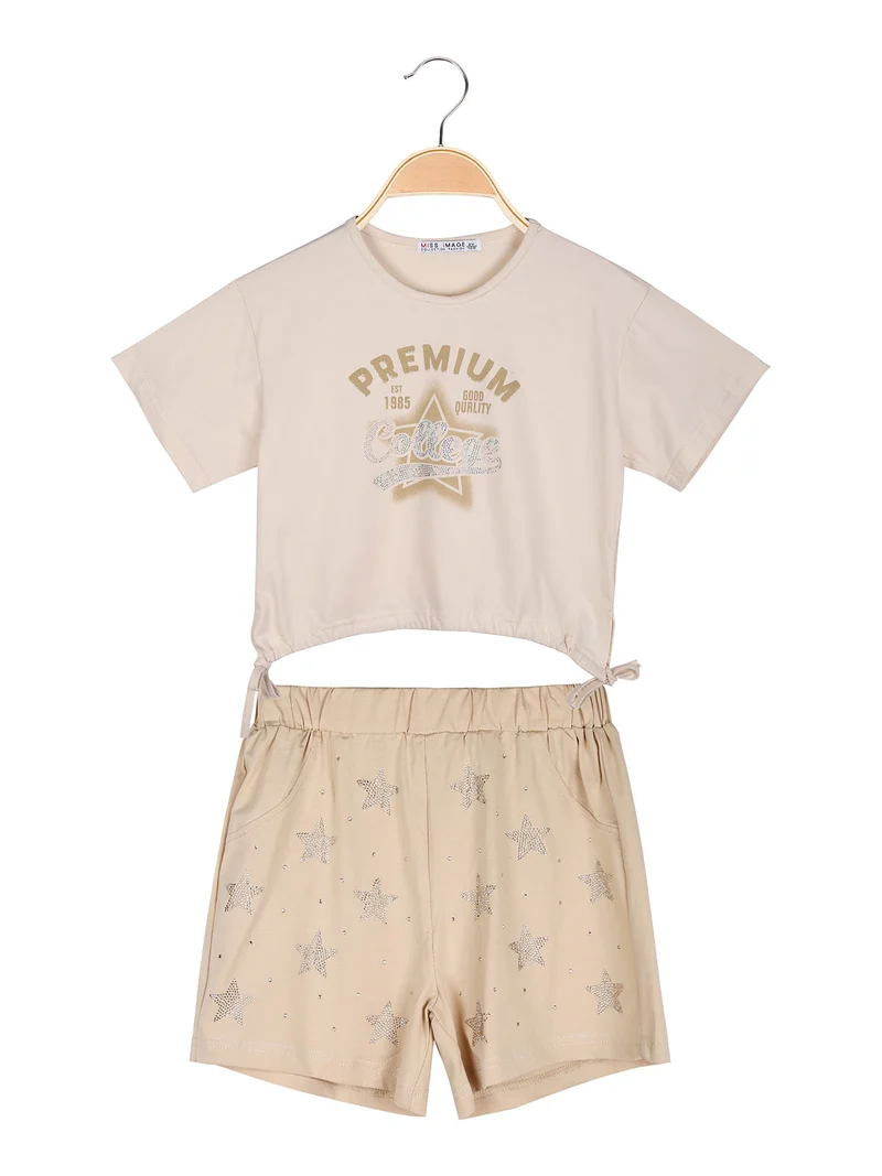 Completo da ragazza 2 pezzi con t-shirt crop e shorts con strass - beige