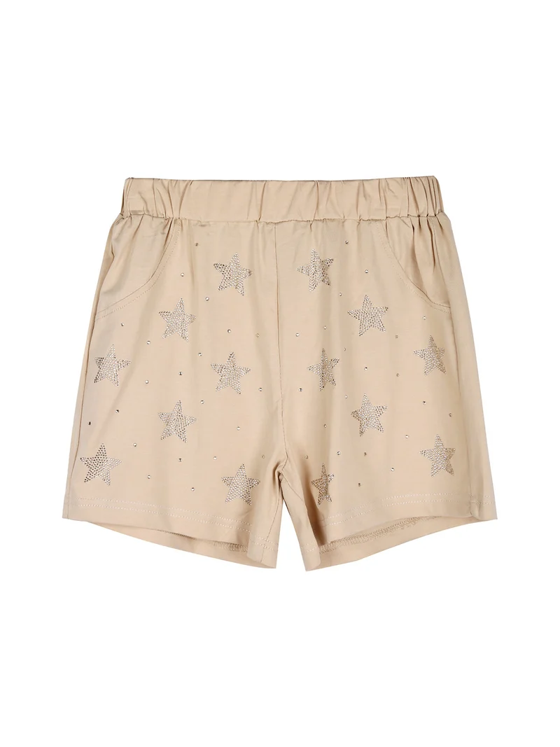 Completo da ragazza 2 pezzi con t-shirt crop e shorts con strass - beige