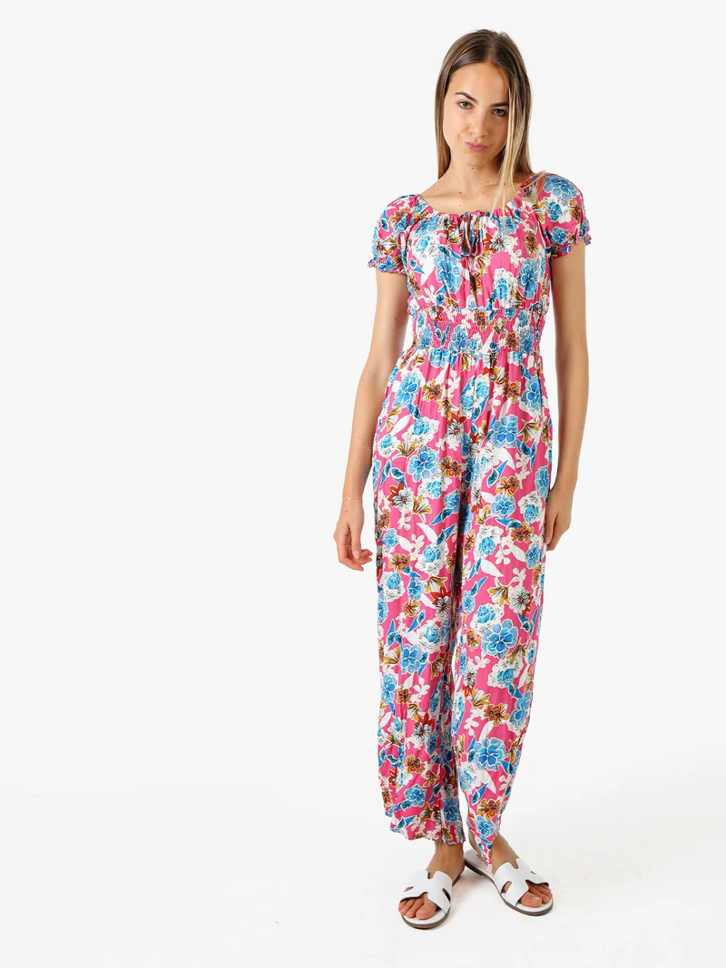 Tuta jumpsuite da donna con stampa floreale e maniche corte - rosa