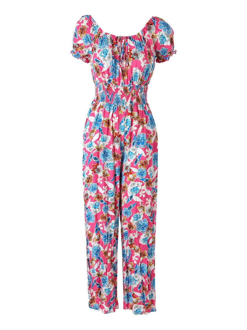 Tuta jumpsuite da donna con stampa floreale e maniche corte - rosa