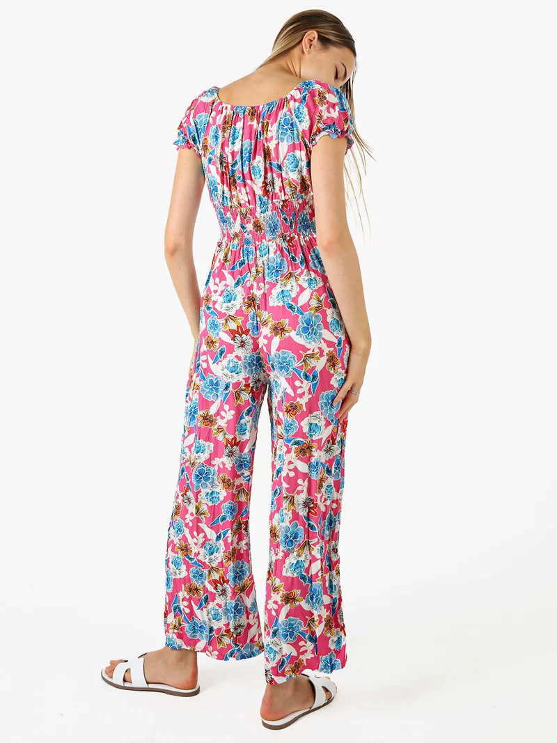 Tuta jumpsuite da donna con stampa floreale e maniche corte - rosa