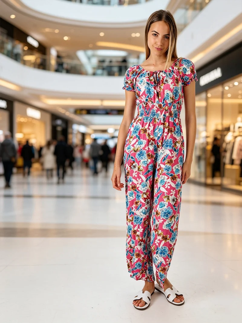 Tuta jumpsuite da donna con stampa floreale e maniche corte - rosa