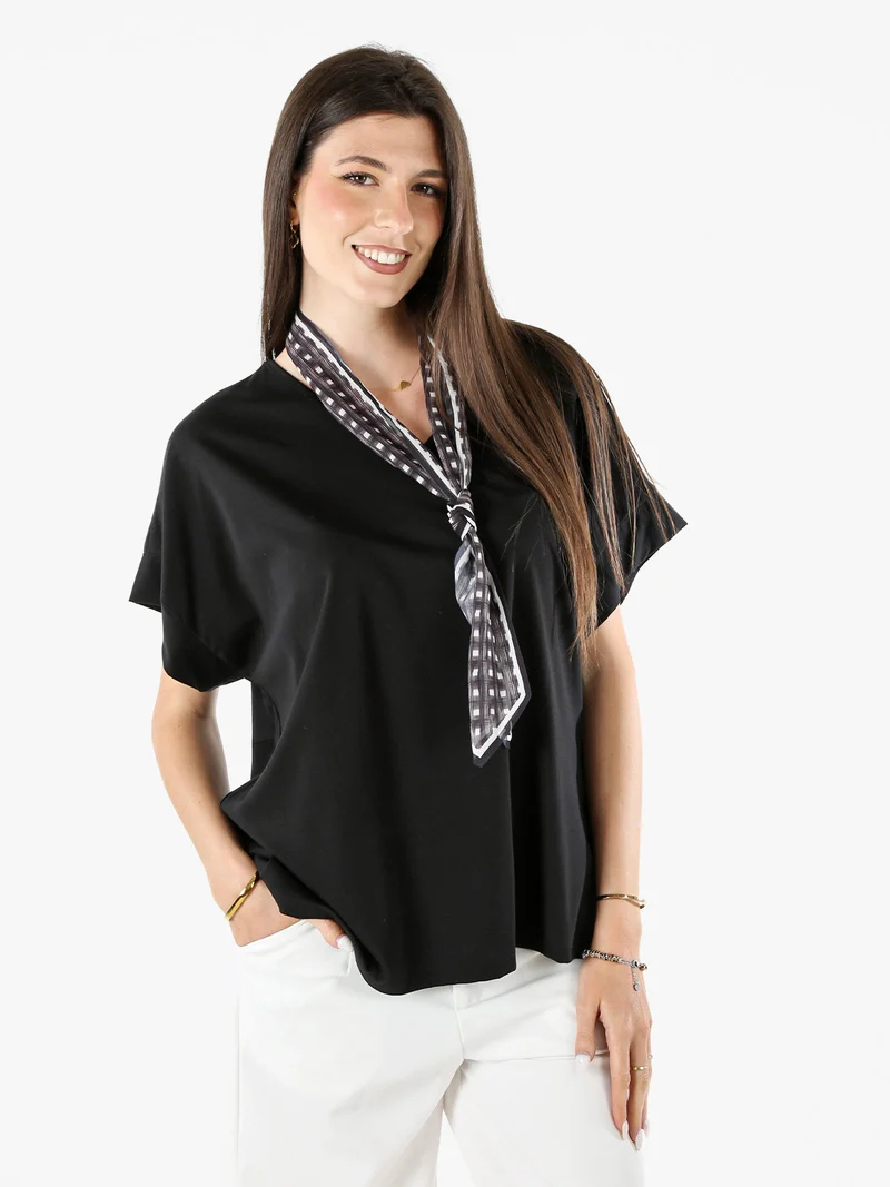 Maxi blusa donna a maniche corte con scollo a V - nero