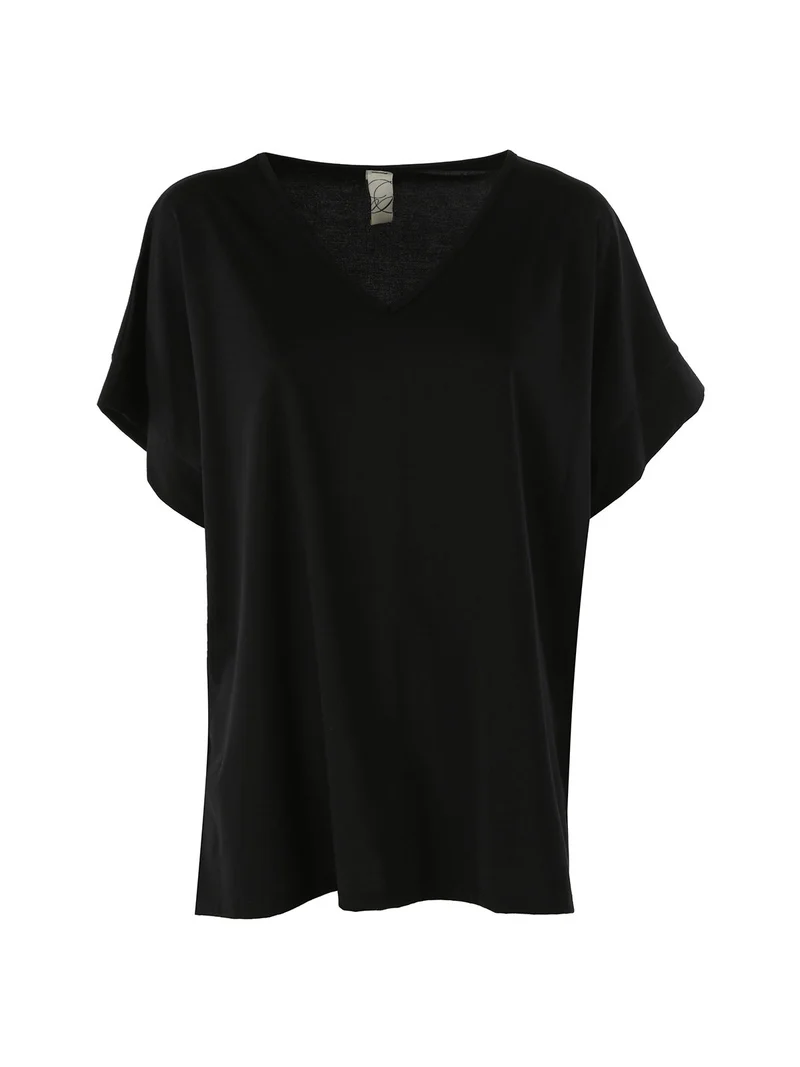 Maxi blusa donna a maniche corte con scollo a V - nero