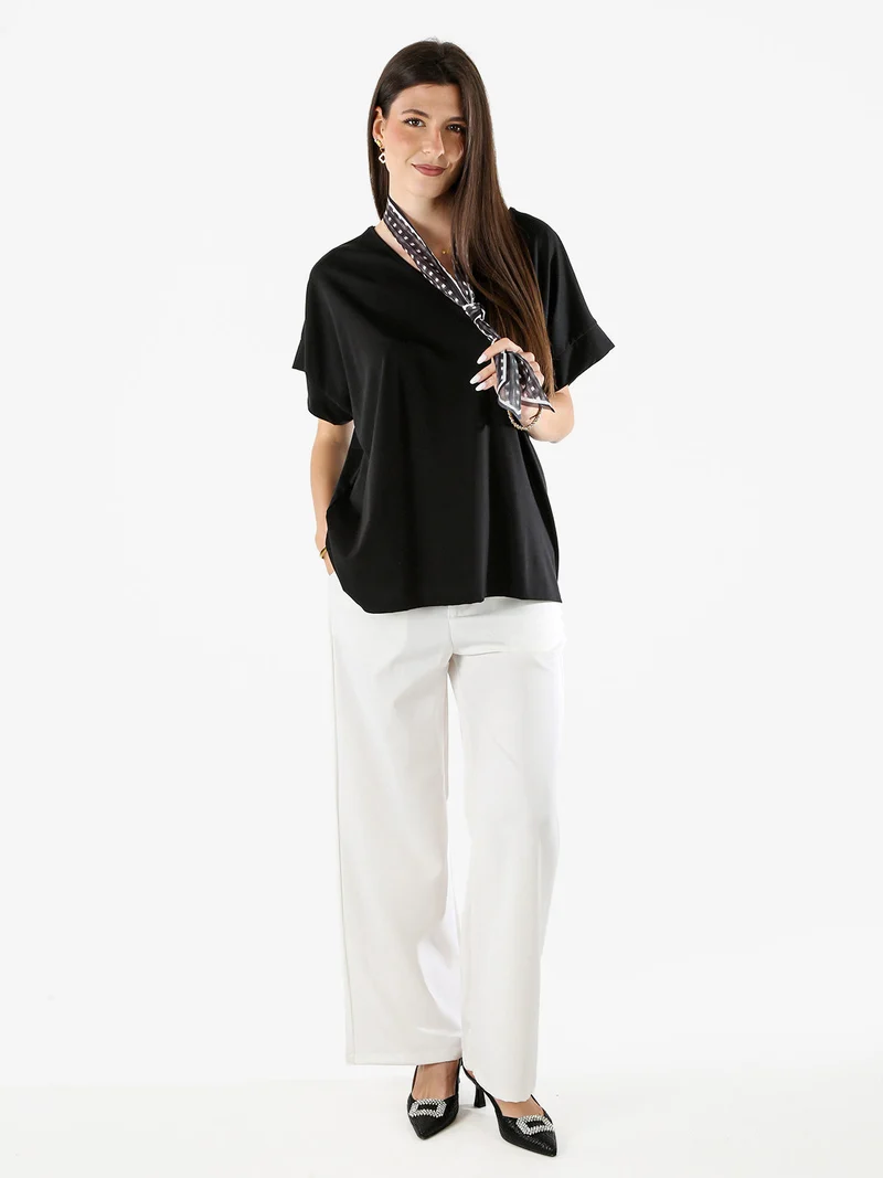 Maxi blusa donna a maniche corte con scollo a V - nero