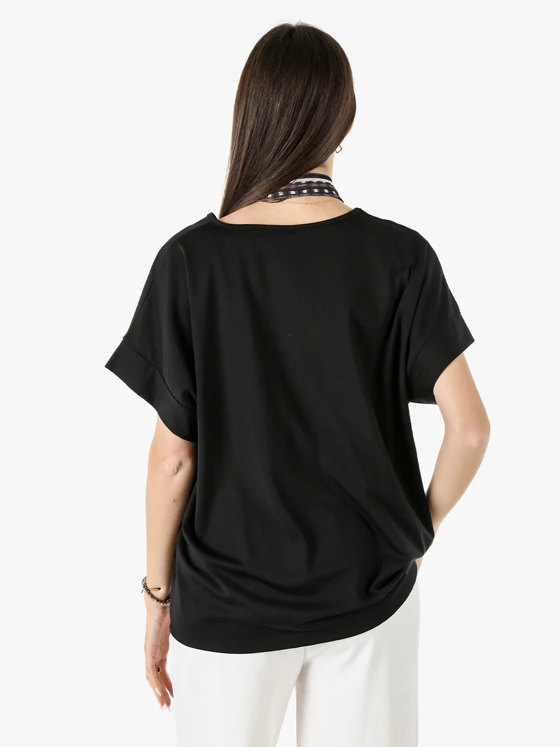 Maxi blusa donna a maniche corte con scollo a V - nero