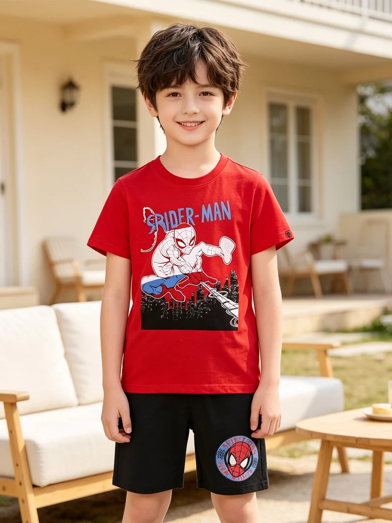 Completo corto da bambino in cotone con t-shirt e bermuda - rosso