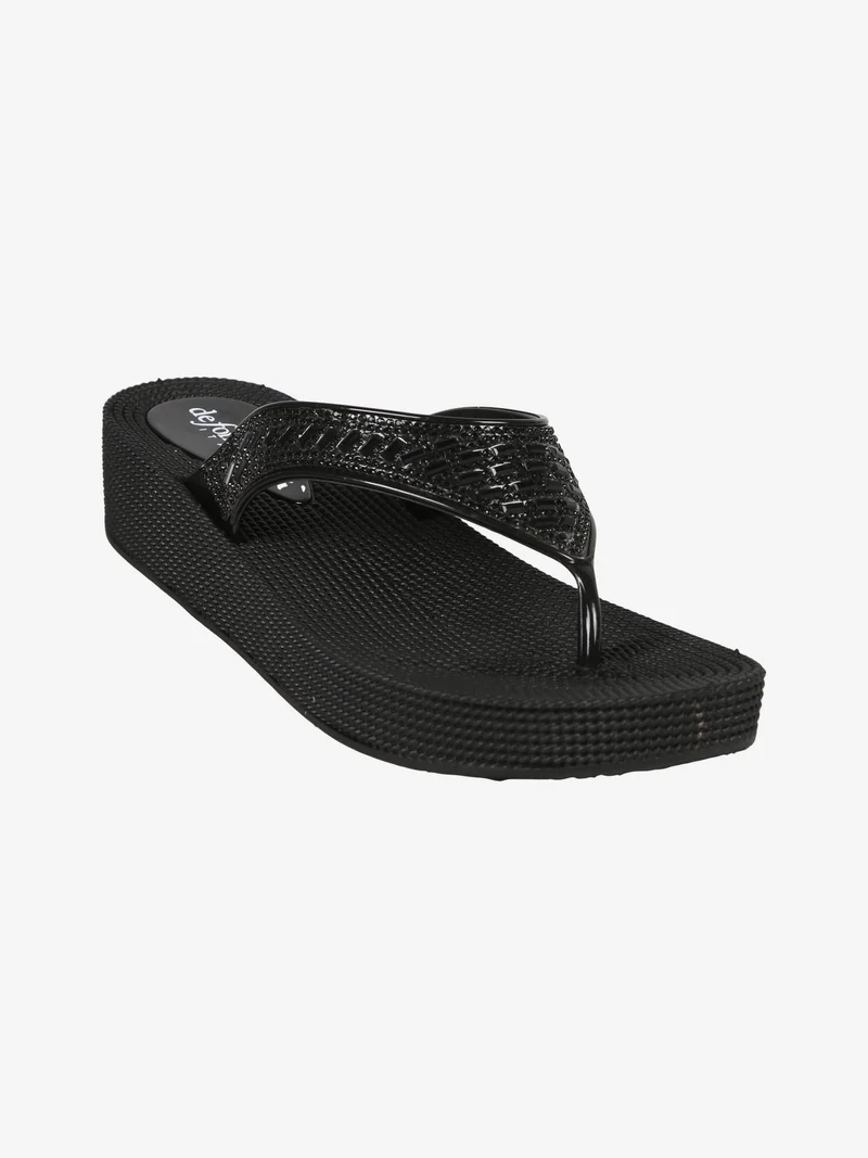 Infradito in gomma da donna con strass e zeppa - nero